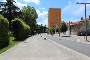 an empty street with trees and a tall building at HOUSE KOPER Center in Koper