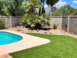 a backyard with a swimming pool and green grass at Private Tucson Oasis with Pool & Large Backyard in Tucson +42 photos