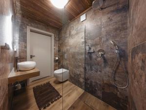 a bathroom with a shower and a toilet and a sink at Stacja Tatry in Poronin +83 photos