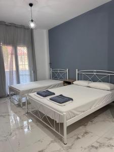 two beds in a bedroom with blue walls at Olympus Apartments in Paralia Katerinis