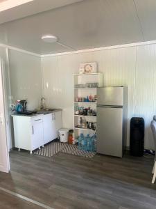 a kitchen with a white refrigerator and a shelf at Villa Viva Jama in Novi Sad