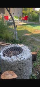 a charcoal grill in a yard with a tree at Villa Viva Jama in Novi Sad