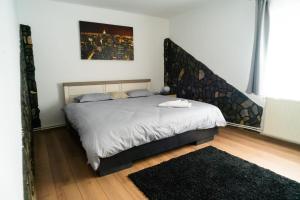 a bedroom with a bed with a large headboard at Elite Apartament Hunedoara in Hunedoara +4 photos