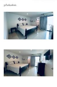 two pictures of a bedroom with two beds in it at Ma Room Place Sukhothai Resort in Sukhothai