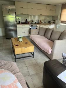 a living room with a couch and a coffee table at Olgas-Village-house in Cheimadión +5 photos