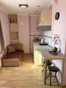 a kitchen with a couch and a table in a room at Apartmani Erdeljanov in Soko Banja