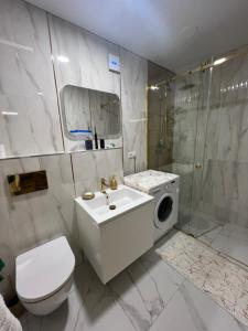 a bathroom with a sink and a toilet and a shower at Ritos Namai in Druskininkai