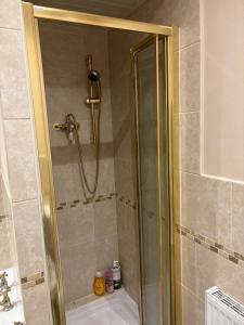a shower with a glass door next to a sink at Batty lodge in Cockerham