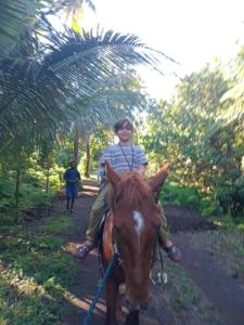 a young boy riding a horse down a path at Glowing Mountain view tree house in Loanengo