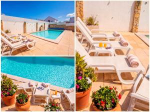 a collage of photos with a pool and tables and chairs at Private Pool House Minutes from the Beach in Charneca