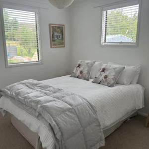 a white bed in a bedroom with two windows at Gone Potty 1 in Alexandra