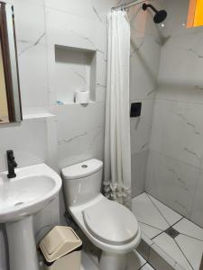ein weißes Badezimmer mit Toilette und Dusche in der Unterkunft Hostal Yaravi in Chivay