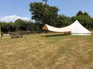 a tent and a picnic table in a field at Looe Valley Camping in Saint Keyne +8 photos