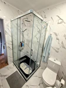 a white bathroom with a shower and a toilet at Private Pool House Minutes from the Beach in Charneca +35 photos