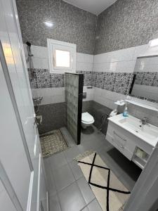 a bathroom with a shower and a toilet and a sink at Villa Mazzyd in Temlale +13 photos