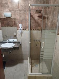 a bathroom with a shower and a sink at Hotel Don Oresttes in La Carrera