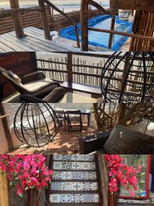 a collage of photos of a patio with chairs and flowers at Mancora Apartments in Máncora