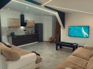 a living room with two couches and a flat screen tv at Powidz Work & Stay in Powidz