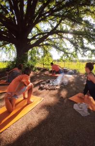 a group of people sitting on mats under a tree at Finca Zen, naturaleza y agroecologia in San Rafael