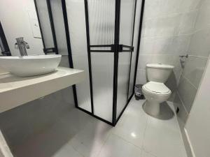 a bathroom with a toilet and a sink at Hotel del Parque Arauca in Arauca