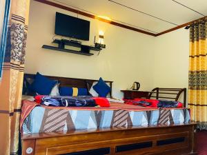 a bedroom with a bed with a tv on the wall at Nine arch eco Villa Ella in Ella