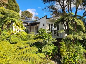 a white house surrounded by trees and plants at Coromandel Eco Sanctuary in Coromandel Town