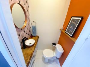 a bathroom with a toilet and a mirror at El Martín Pescador in Osorno