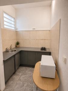 a kitchen with a sink and a table with a microwave at Harmony Caraibes in Le Robert +8 photos