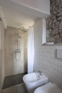 a bathroom with a shower and a toilet and a sink at Lake Orta Villa Retreat in Pella