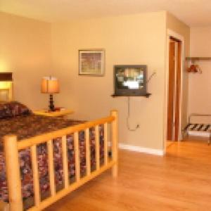 a bedroom with a bed and a television on the wall at Mountain View Lodge in Packwood +6 photos