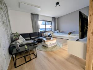 a living room with a black couch and a tv at Main Ferienwohnung Erlabrunn in Erlabrunn