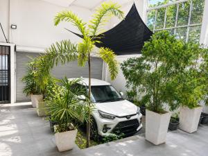 a white car parked in a courtyard with plants at Ayubowan Home Stay - Kotikawatta in Angoda
