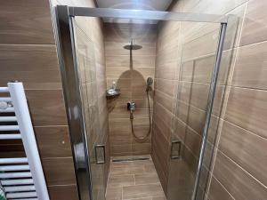 a shower stall in a bathroom with wooden walls at Apartmány Centrum Trenčín - Greenyard in Trenčín