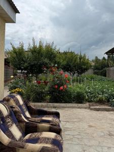 a row of benches in a garden with flowers at Erkaiym Guest house in Bokonbayevo