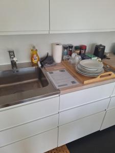 a kitchen counter with a sink and plates on it at Nice room with a wonderful view in Sommersted +8 photos