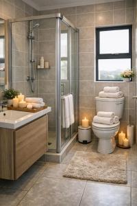 a bathroom with a shower and a toilet and candles at The Blyde Spot in Pretoria