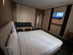 a bedroom with a bed and a couch and a tv at Comfort Hotel in Osh