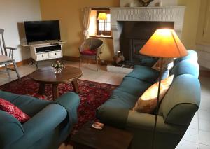 a living room with a blue couch and a lamp at Maison Les Fleuries in Saint-Quentin-de-Chalais
