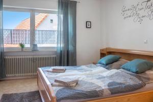 a bedroom with a bed with blue pillows and a window at Ferienwohnung Dorfliebe in Gerolfingen