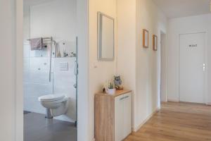 a bathroom with a toilet and a shower at Ferienwohnung Dorfliebe in Gerolfingen +19 photos