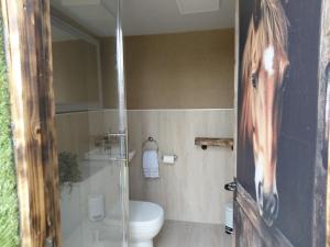 a bathroom with a toilet and a horse head on the door at GiGi's Horsebox in Evesham