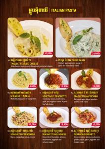 a menu for a restaurant with different dishes at Pomelo Travel Outpost Cambodia ដំណាក់ភ្នំក្រោម in Phumĭ Rœssei Lŭk