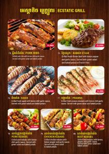 a menu for a restaurant with different types of food at Pomelo Travel Outpost Cambodia ដំណាក់ភ្នំក្រោម in Phumĭ Rœssei Lŭk