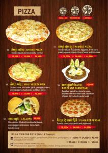 a menu for a pizza restaurant with two pizzas at Pomelo Travel Outpost Cambodia ដំណាក់ភ្នំក្រោម in Phumĭ Rœssei Lŭk