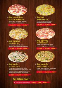 a menu for a pizza restaurant with four pizzas at Pomelo Travel Outpost Cambodia ដំណាក់ភ្នំក្រោម in Phumĭ Rœssei Lŭk