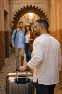 three people walking down a street with a man holding a suitcase at Riad ABBASSIA Marrakech Première - Authentic Medina Experience in Marrakesh