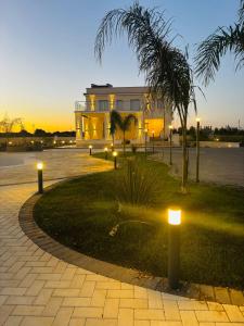 a building with lights on the grass with a palm tree at Villa Celeste in Pulsano