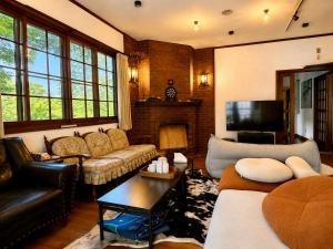 a living room with a couch and a tv at Alley Oop Hakuba in Hakuba