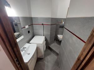 a small bathroom with a sink and a toilet at Apartamenty Floris Bochnia in Bochnia +9 photos