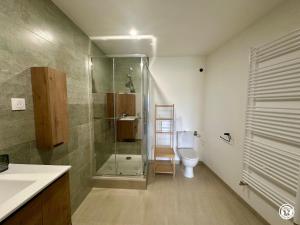 a bathroom with a shower and a toilet and a sink at Le Creux Percé in Pasques +8 photos